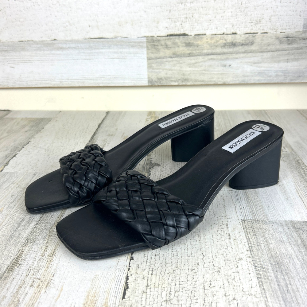 Steve Madden Womens 9.5 Black Woven Mule Heeled Slip On Sandals Trendy Luxe